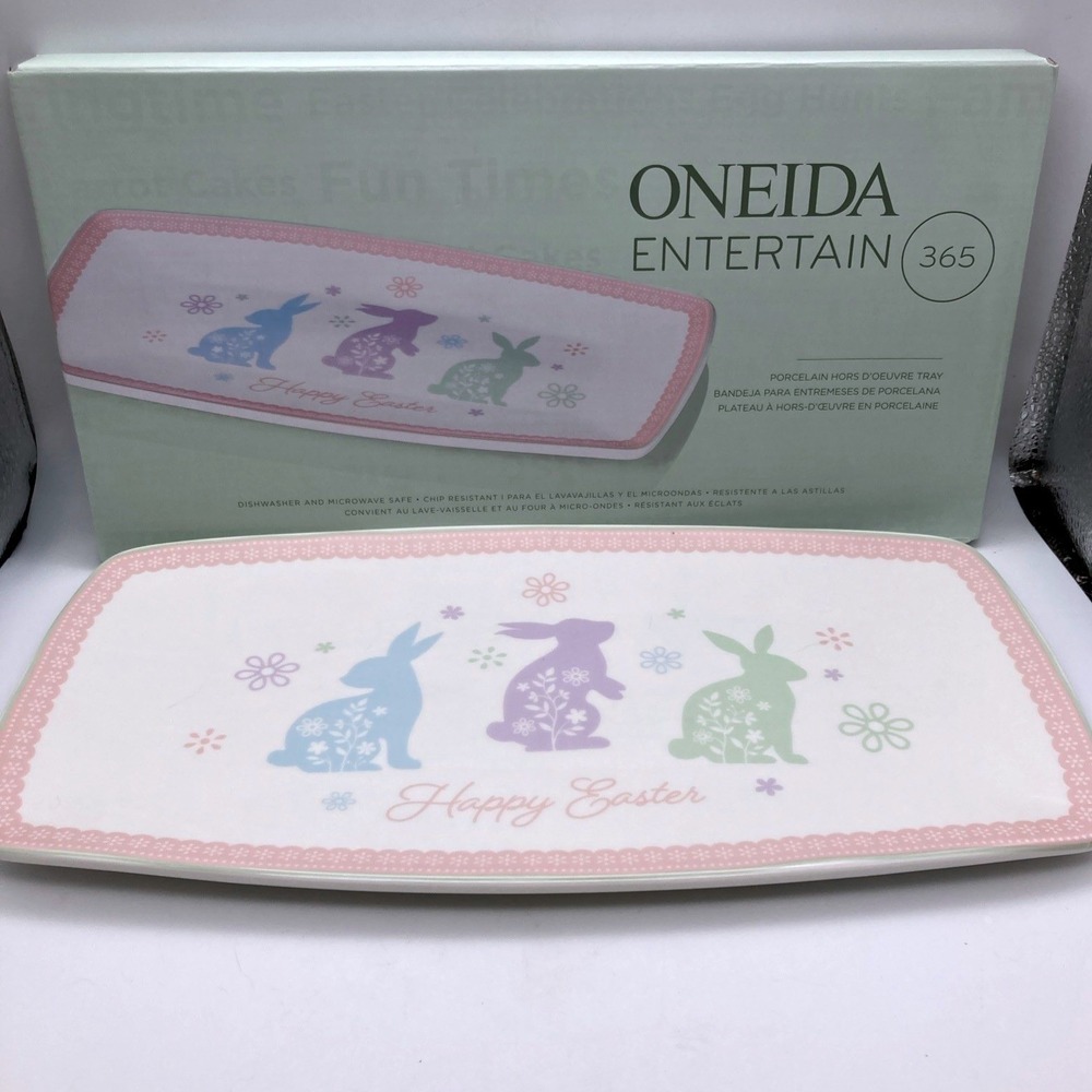 Oneida Bunny Hop Porcelain Easter Serving Tray Pastel 13x6.5" Cottagecore NIB